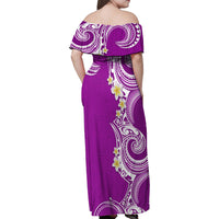 Aloha Polynesian Plumeria Flower Family Matching Off Shoulder Maxi Dress and Hawaiian Shirt Purple Color
