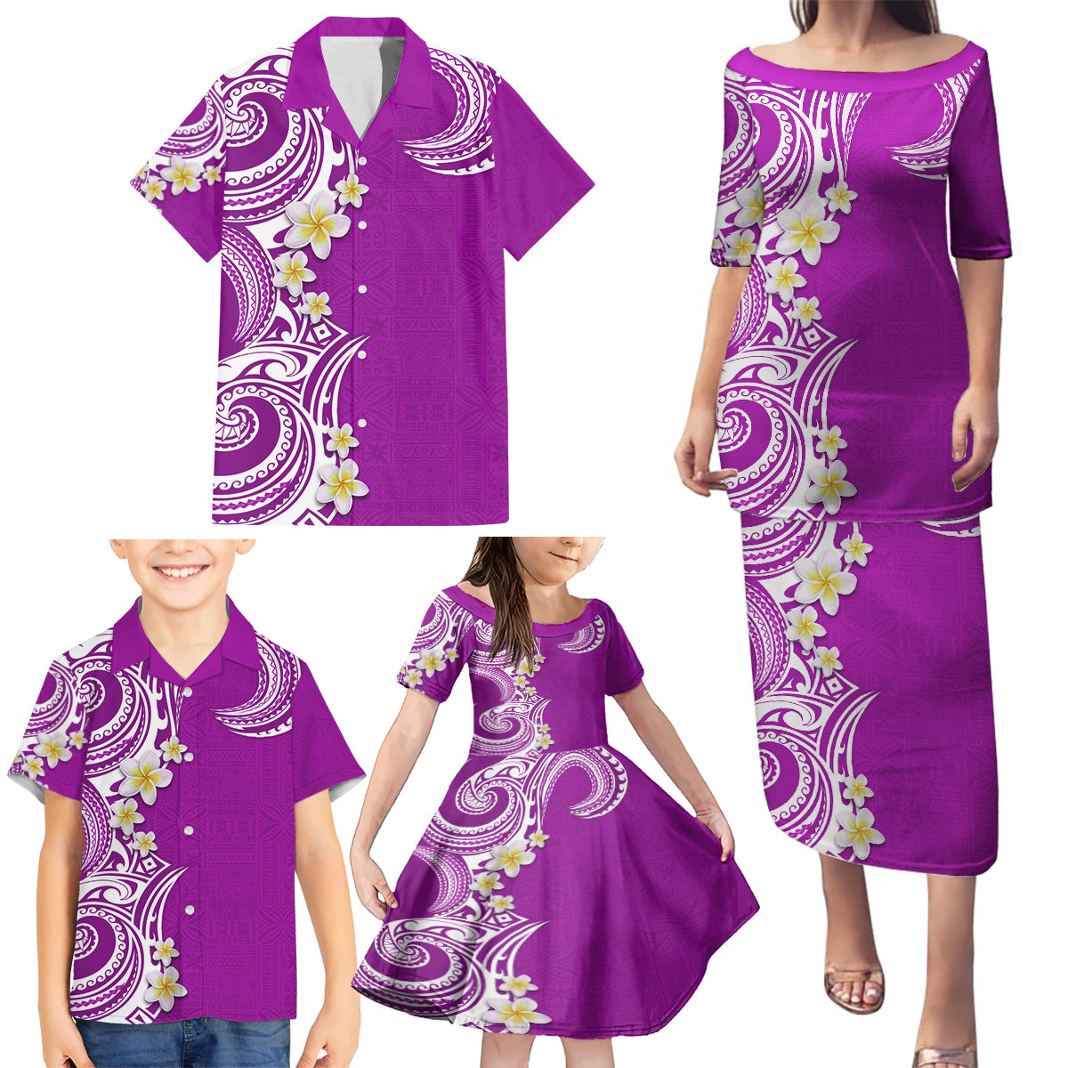 Aloha Polynesian Plumeria Flower Family Matching Puletasi and Hawaiian Shirt Purple Color