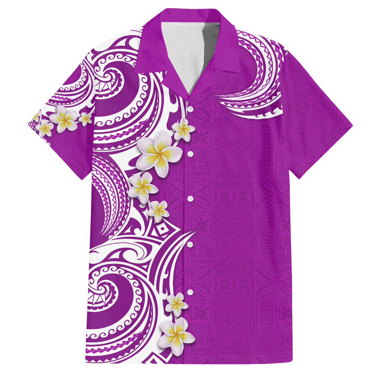 Aloha Polynesian Plumeria Flower Family Matching Puletasi and Hawaiian Shirt Purple Color