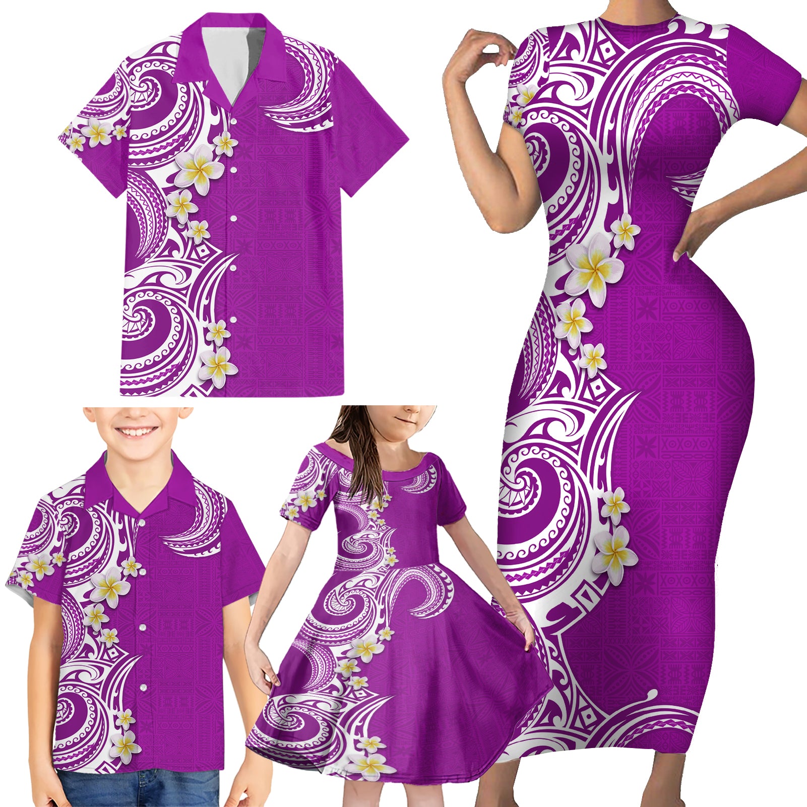 Aloha Polynesian Plumeria Flower Family Matching Short Sleeve Bodycon Dress and Hawaiian Shirt Purple Color