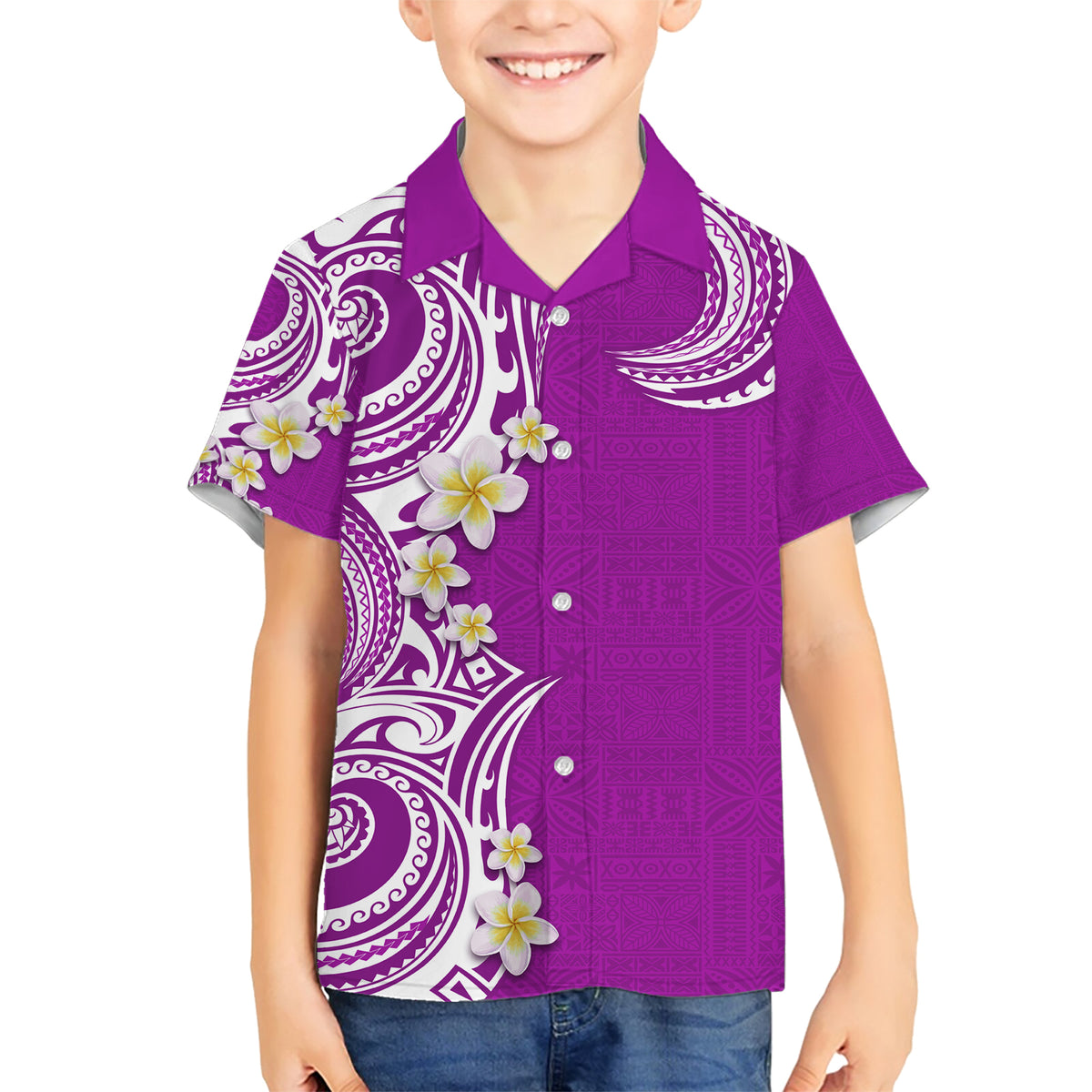 Aloha Polynesian Plumeria Flower Family Matching Short Sleeve Bodycon Dress and Hawaiian Shirt Purple Color LT03 Son's Shirt Purple - Polynesian Pride