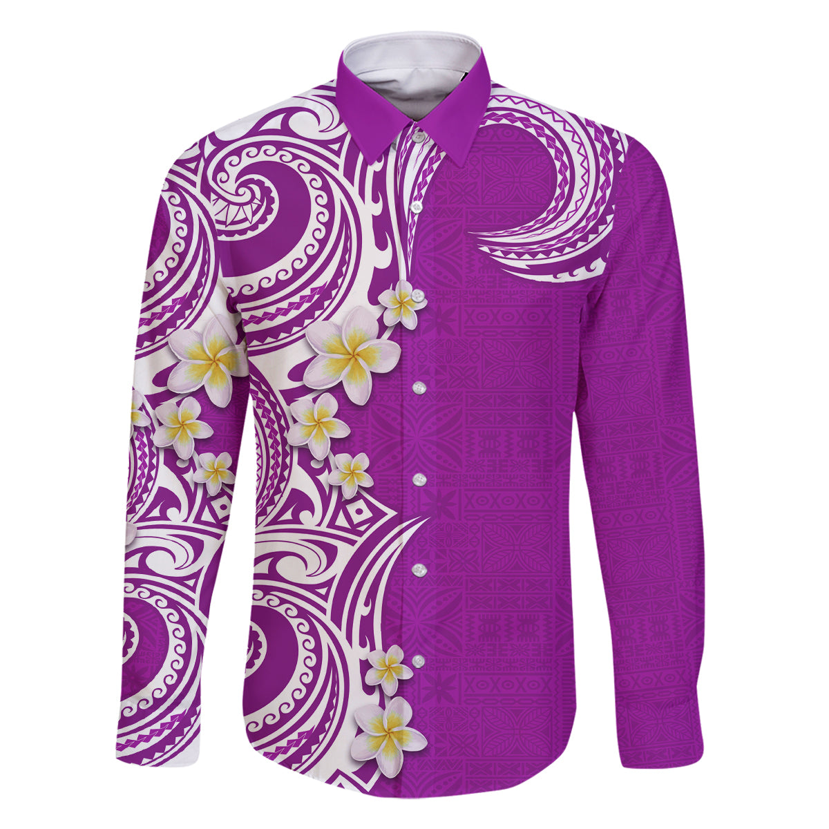Aloha Polynesian Plumeria Flower Family Matching Summer Maxi Dress and Hawaiian Shirt Purple Color LT03 Dad's Shirt - Long Sleeve Purple - Polynesian Pride