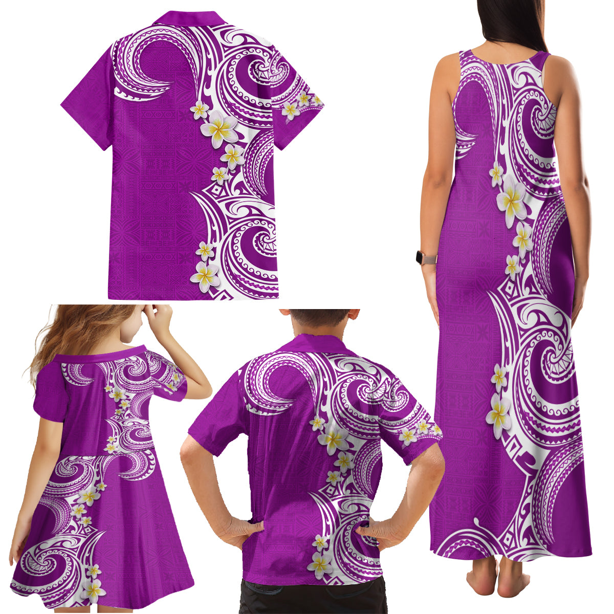 Aloha Polynesian Plumeria Flower Family Matching Tank Maxi Dress and Hawaiian Shirt Purple Color