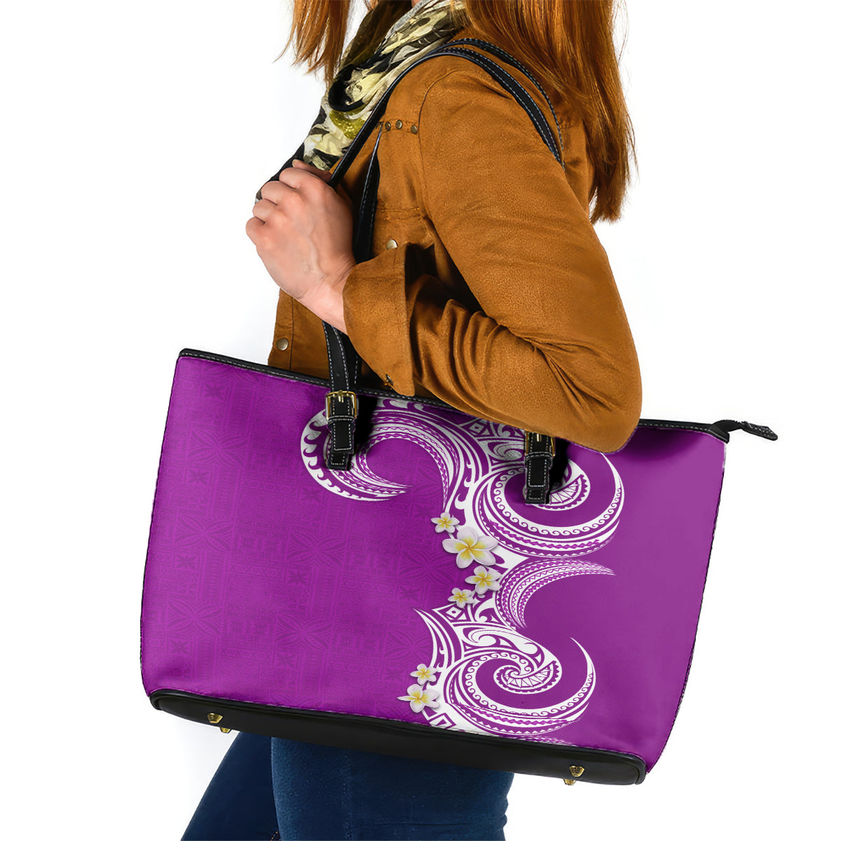 Aloha Polynesian Plumeria Flower Leather Tote Bag Purple Color