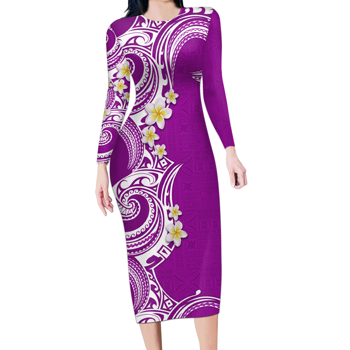 Aloha Polynesian Plumeria Flower Long Sleeve Bodycon Dress Purple Color LT03 Long Dress Purple - Polynesian Pride