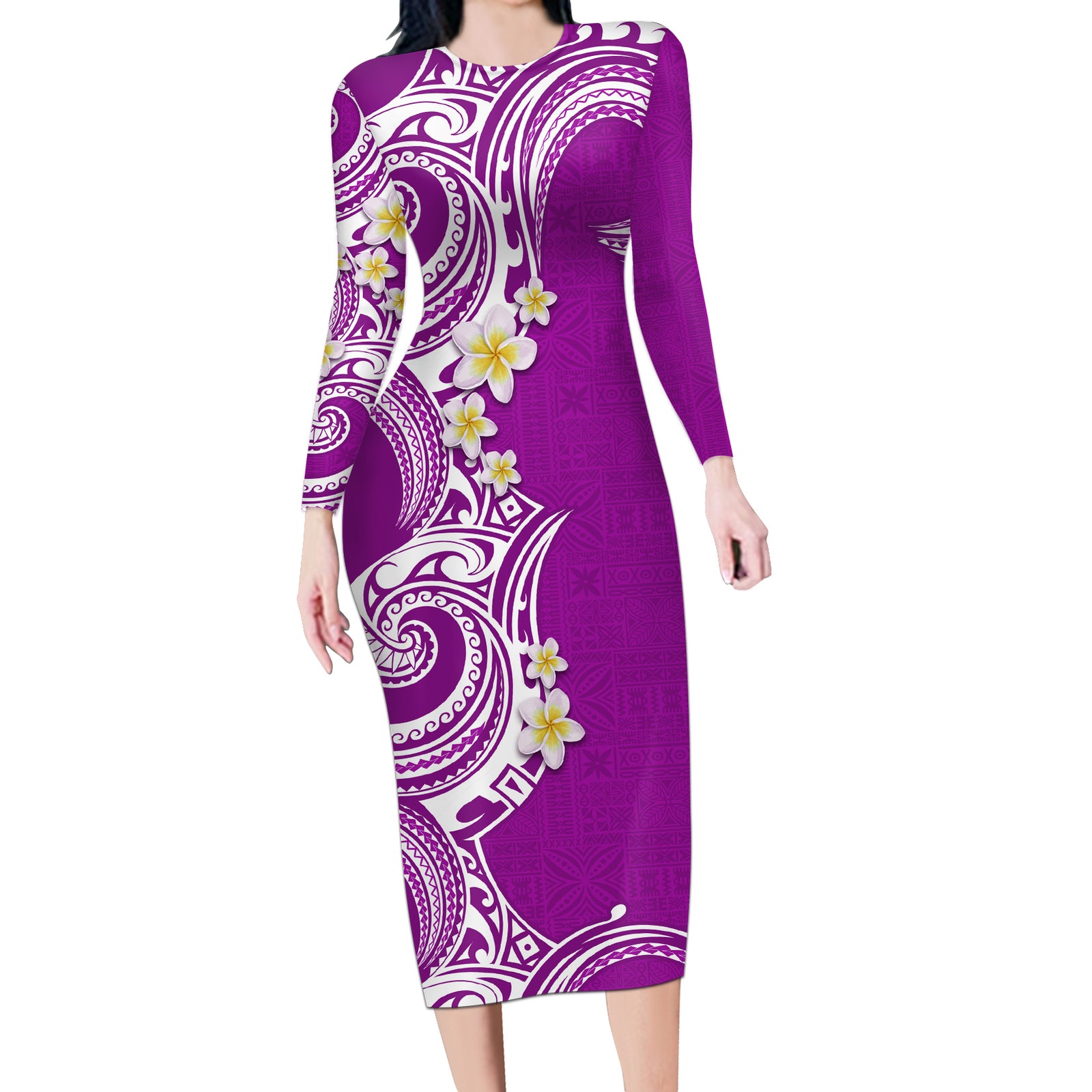 Aloha Polynesian Plumeria Flower Long Sleeve Bodycon Dress Purple Color LT03 Long Dress Purple - Polynesian Pride