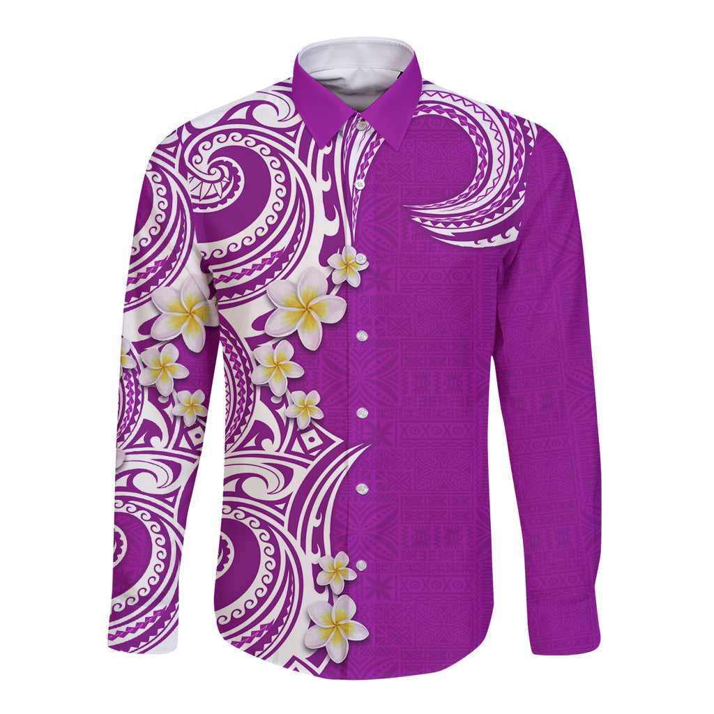 Aloha Polynesian Plumeria Flower Long Sleeve Button Shirt Purple Color LT03 Unisex Purple - Polynesian Pride