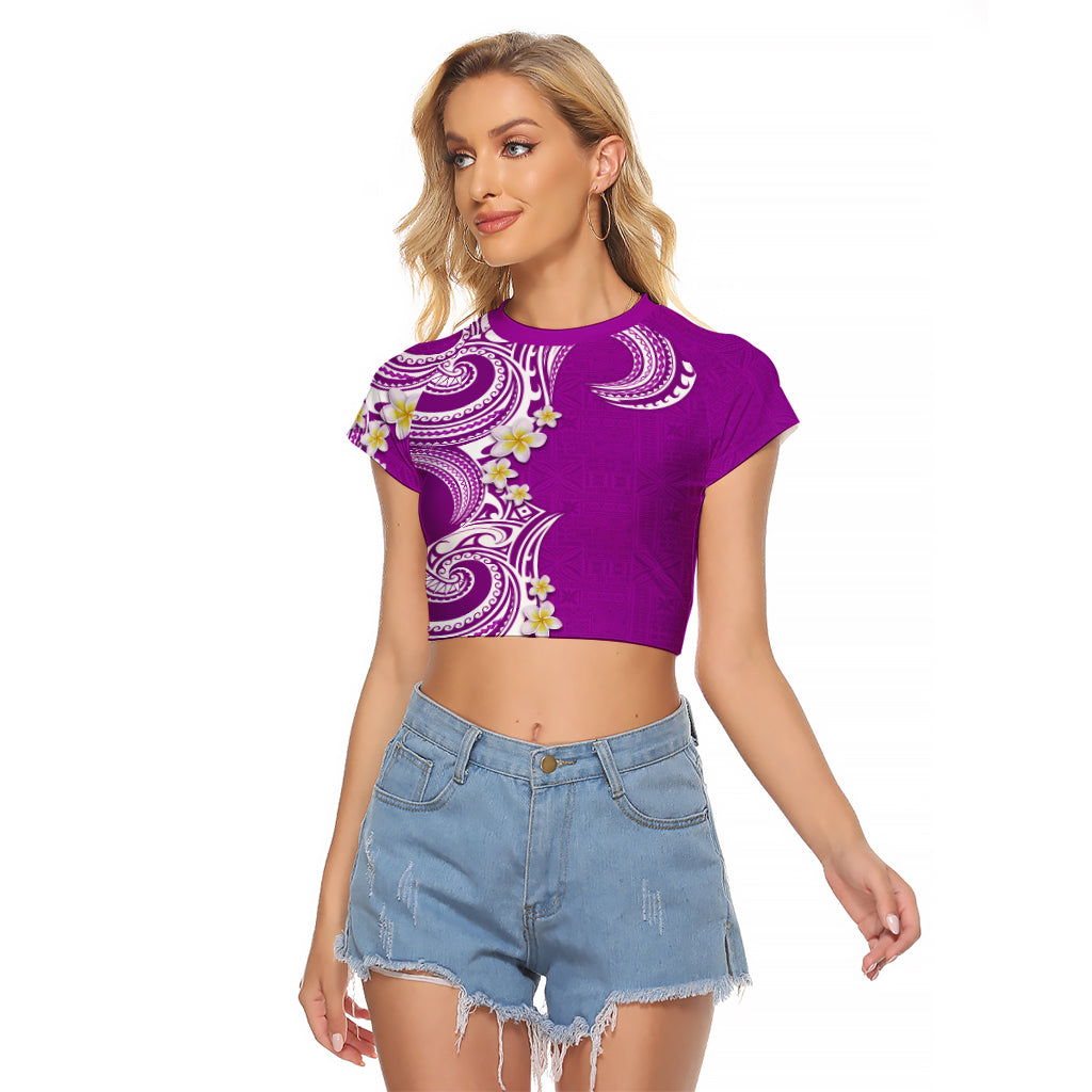 Aloha Polynesian Plumeria Flower Raglan Cropped T Shirt Purple Color