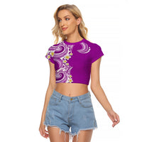 Aloha Polynesian Plumeria Flower Raglan Cropped T Shirt Purple Color