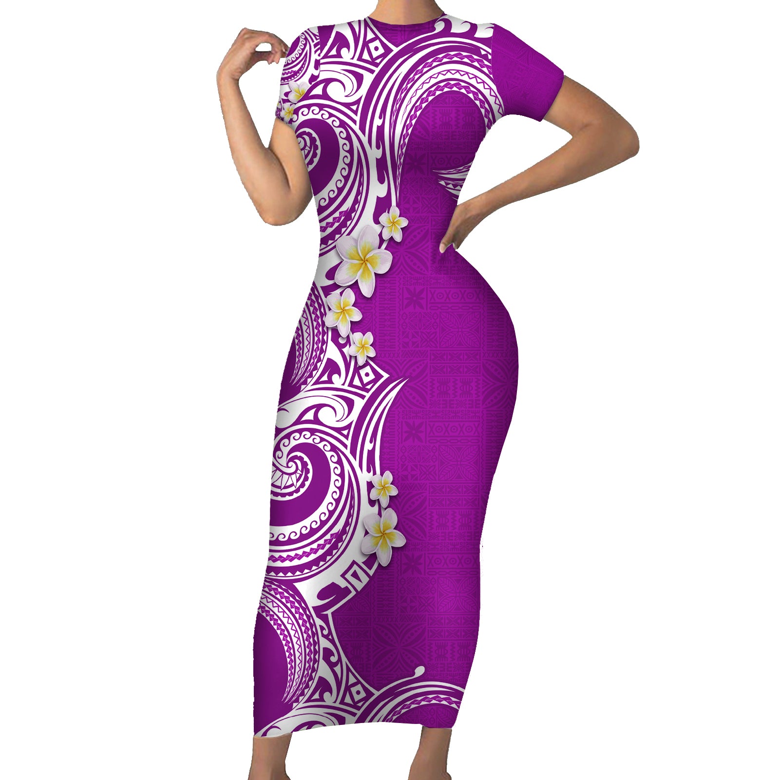 Aloha Polynesian Plumeria Flower Short Sleeve Bodycon Dress Purple Color