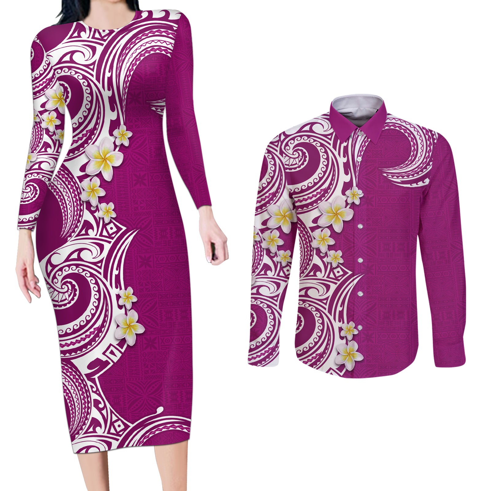 Aloha Polynesian Plumeria Flower Couples Matching Long Sleeve Bodycon Dress and Long Sleeve Button Shirt Pink Color LT03 Pink - Polynesian Pride