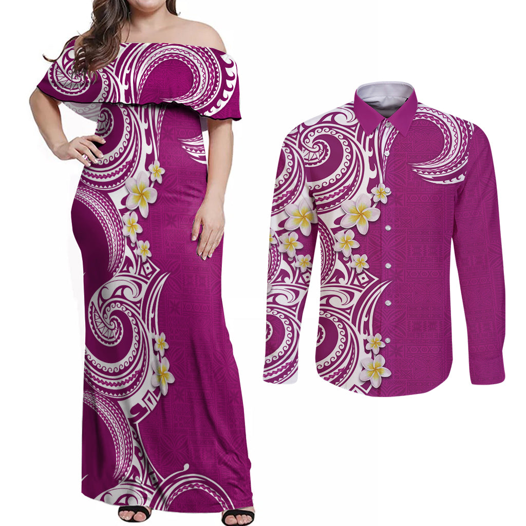 Aloha Polynesian Plumeria Flower Couples Matching Off Shoulder Maxi Dress and Long Sleeve Button Shirt Pink Color