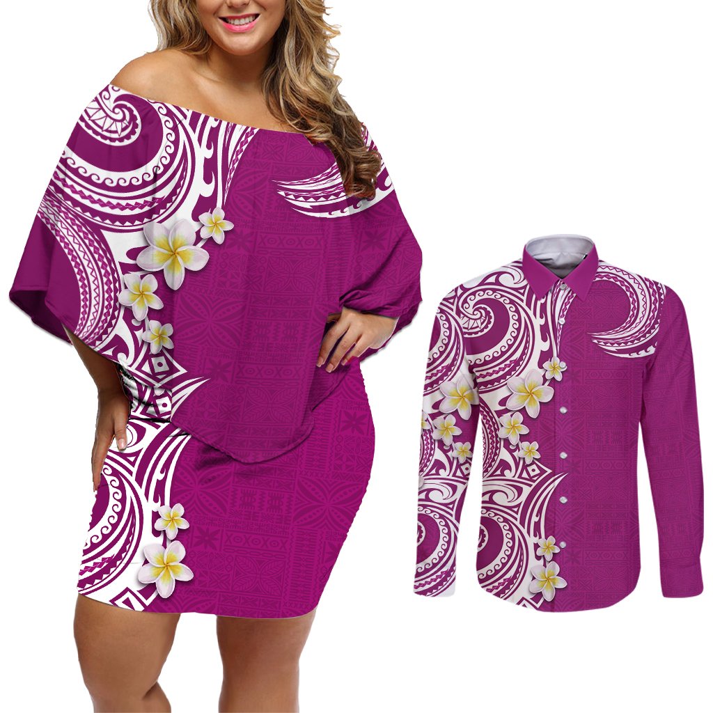 Aloha Polynesian Plumeria Flower Couples Matching Off Shoulder Short Dress and Long Sleeve Button Shirt Pink Color LT03 Pink - Polynesian Pride