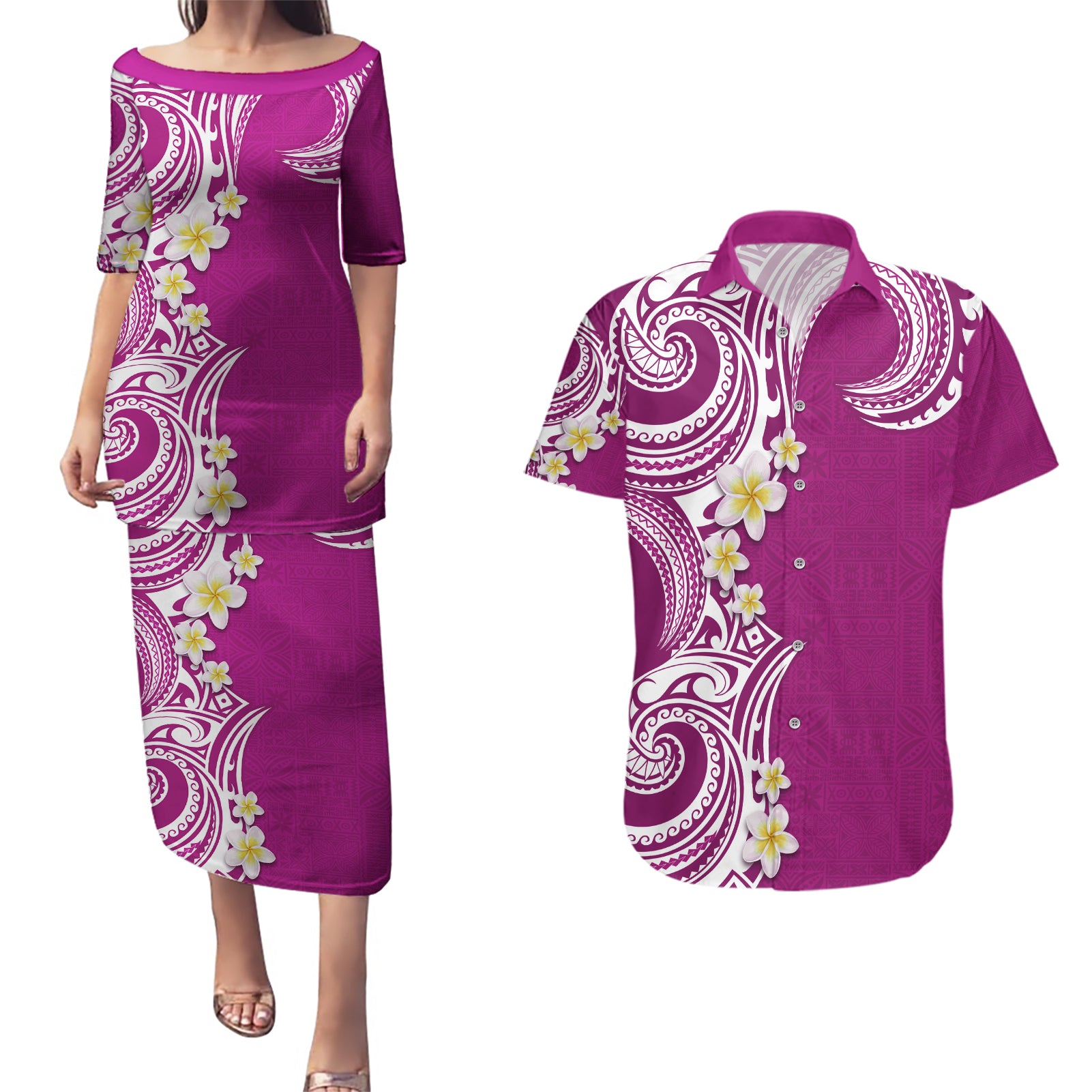 Aloha Polynesian Plumeria Flower Couples Matching Puletasi and Hawaiian Shirt Pink Color