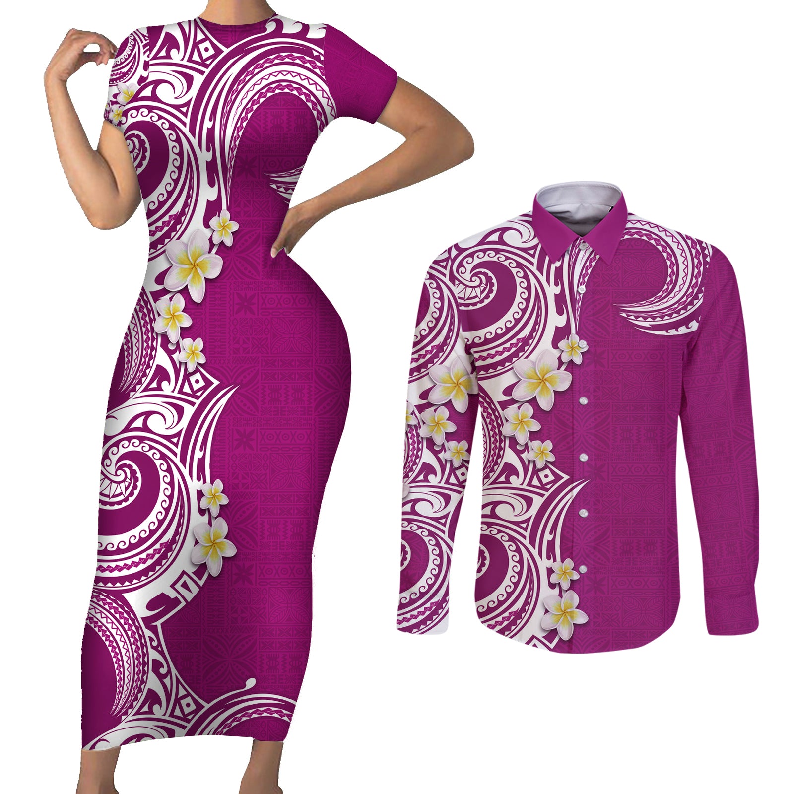 Aloha Polynesian Plumeria Flower Couples Matching Short Sleeve Bodycon Dress and Long Sleeve Button Shirt Pink Color LT03 Pink - Polynesian Pride