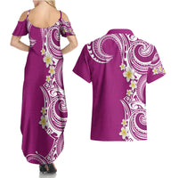 Aloha Polynesian Plumeria Flower Couples Matching Summer Maxi Dress and Hawaiian Shirt Pink Color