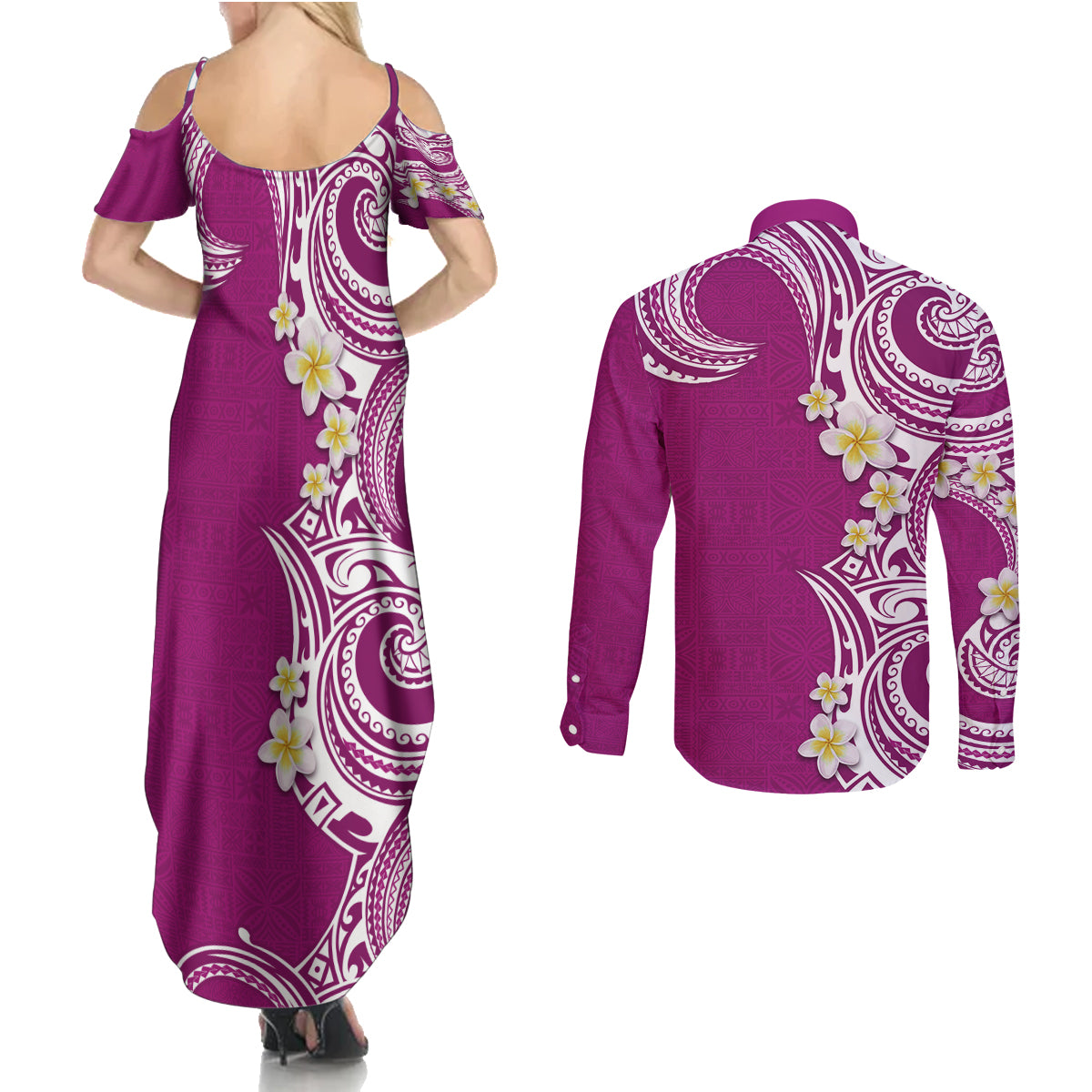 Aloha Polynesian Plumeria Flower Couples Matching Summer Maxi Dress and Long Sleeve Button Shirt Pink Color