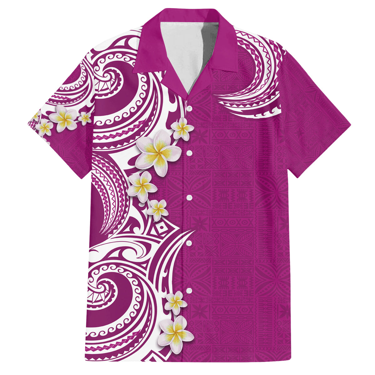 Aloha Polynesian Plumeria Flower Family Matching Off The Shoulder Long Sleeve Dress and Hawaiian Shirt Pink Color LT03 Dad's Shirt - Short Sleeve Pink - Polynesian Pride