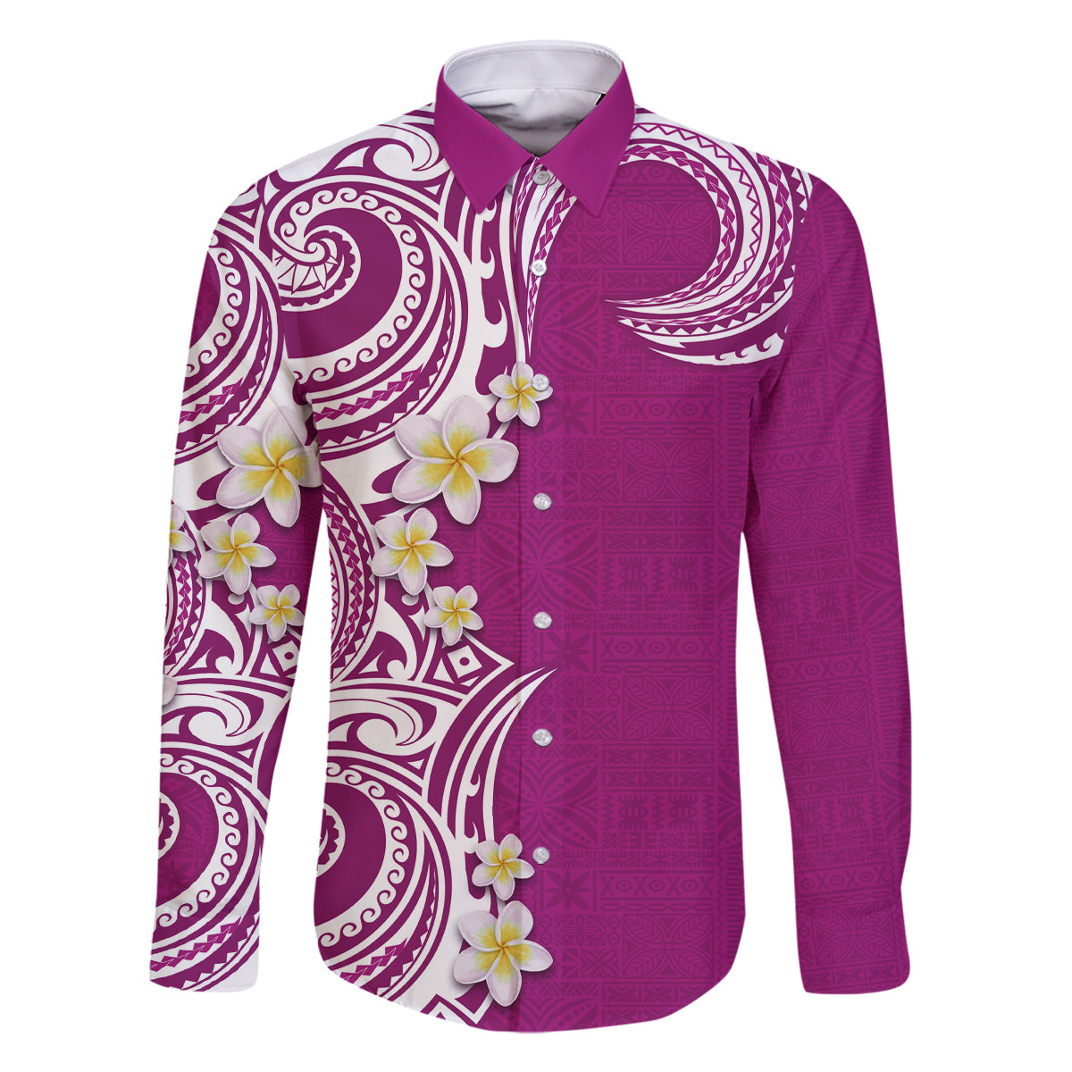 Aloha Polynesian Plumeria Flower Family Matching Off The Shoulder Long Sleeve Dress and Hawaiian Shirt Pink Color LT03 Dad's Shirt - Long Sleeve Pink - Polynesian Pride
