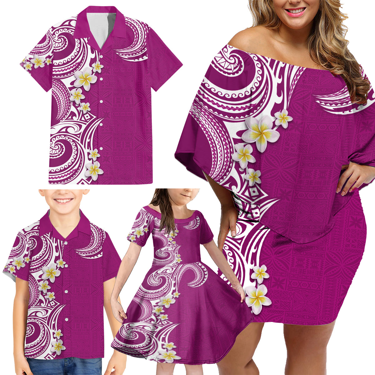 Aloha Polynesian Plumeria Flower Family Matching Off Shoulder Short Dress and Hawaiian Shirt Pink Color