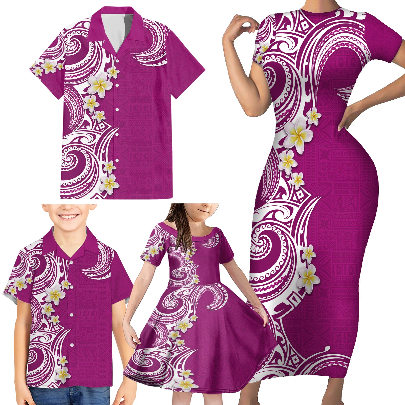 Aloha Polynesian Plumeria Flower Family Matching Short Sleeve Bodycon Dress and Hawaiian Shirt Pink Color
