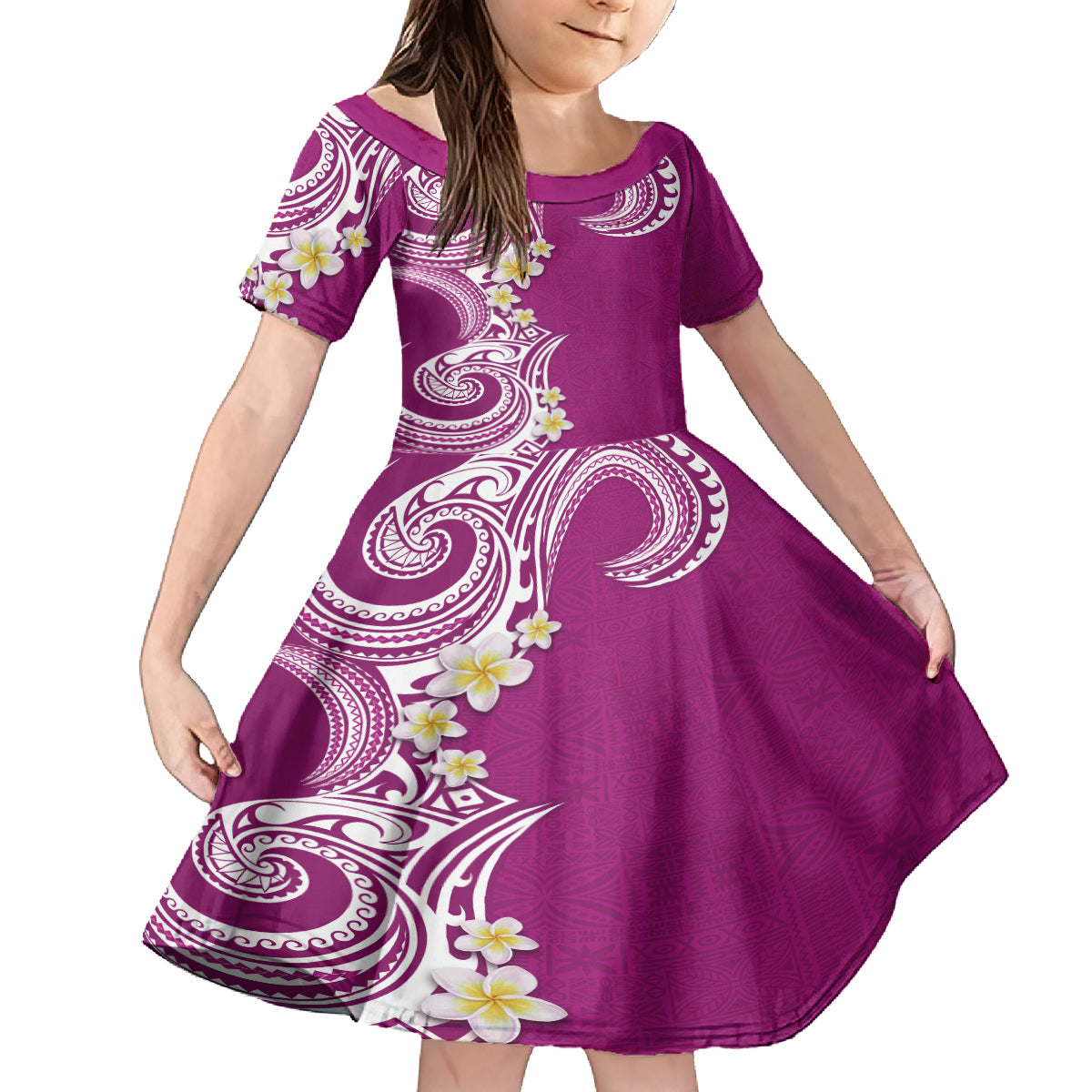 Aloha Polynesian Plumeria Flower Family Matching Summer Maxi Dress and Hawaiian Shirt Pink Color LT03 Daughter's Dress Pink - Polynesian Pride