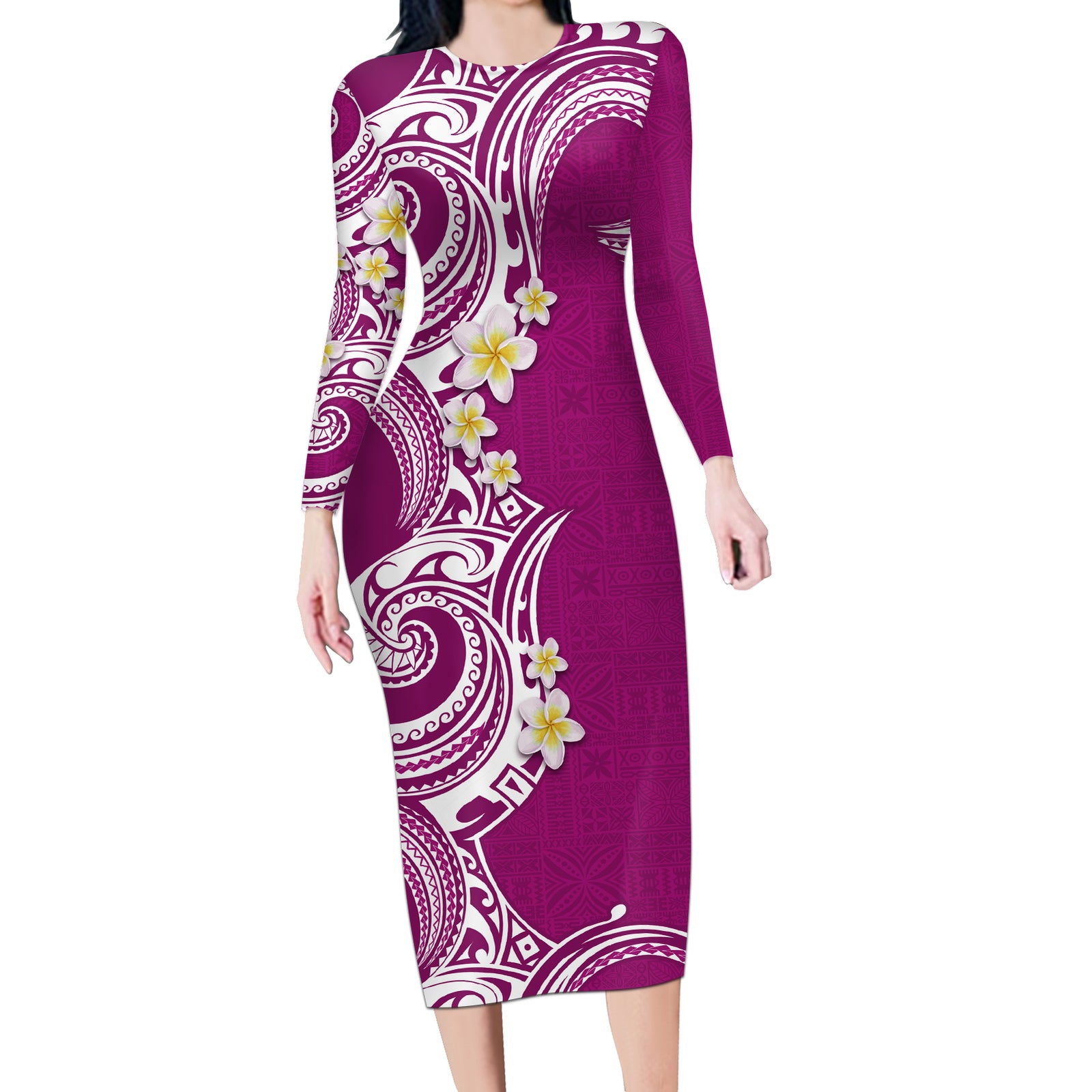 Aloha Polynesian Plumeria Flower Long Sleeve Bodycon Dress Pink Color LT03 Long Dress Pink - Polynesian Pride