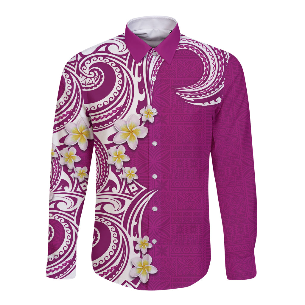 Aloha Polynesian Plumeria Flower Long Sleeve Button Shirt Pink Color LT03 Unisex Pink - Polynesian Pride