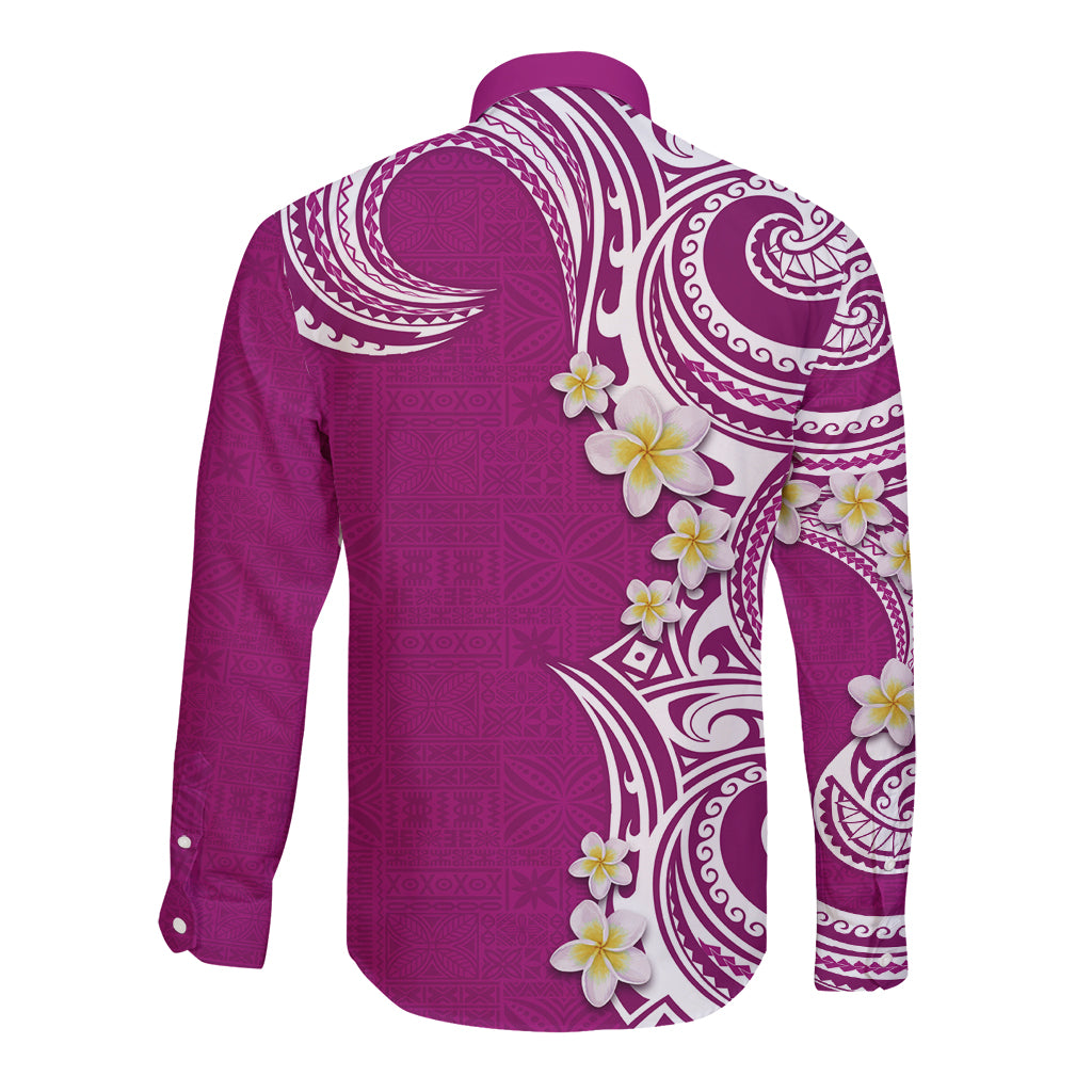 Aloha Polynesian Plumeria Flower Long Sleeve Button Shirt Pink Color