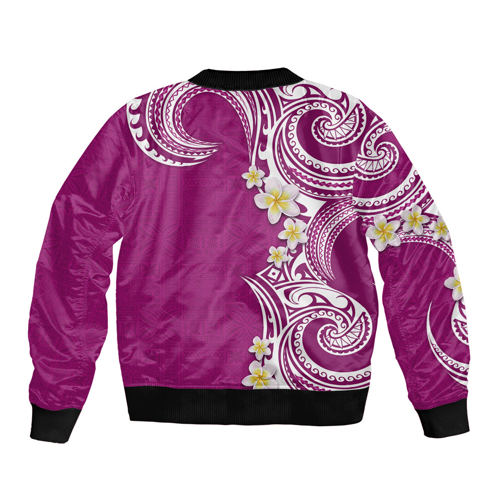 Aloha Polynesian Plumeria Flower Sleeve Zip Bomber Jacket Pink Color