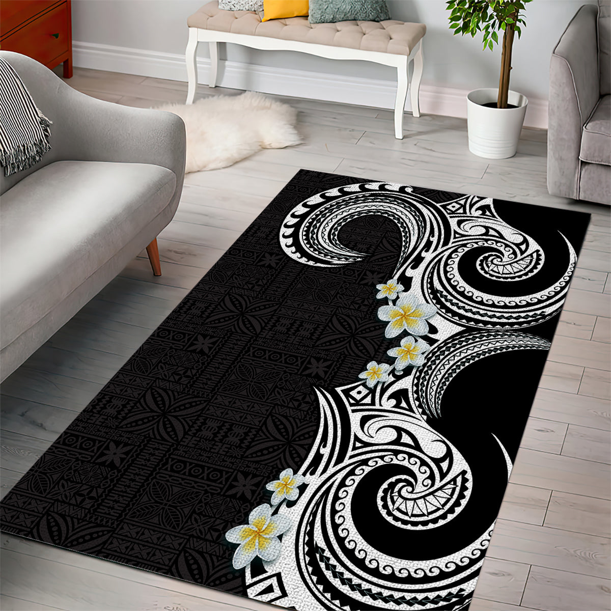 Aloha Polynesian Plumeria Flower Area Rug Black White Color