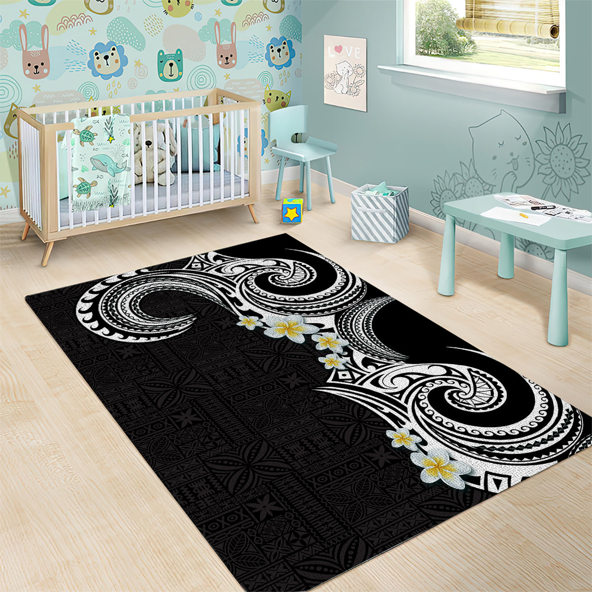 Aloha Polynesian Plumeria Flower Area Rug Black White Color