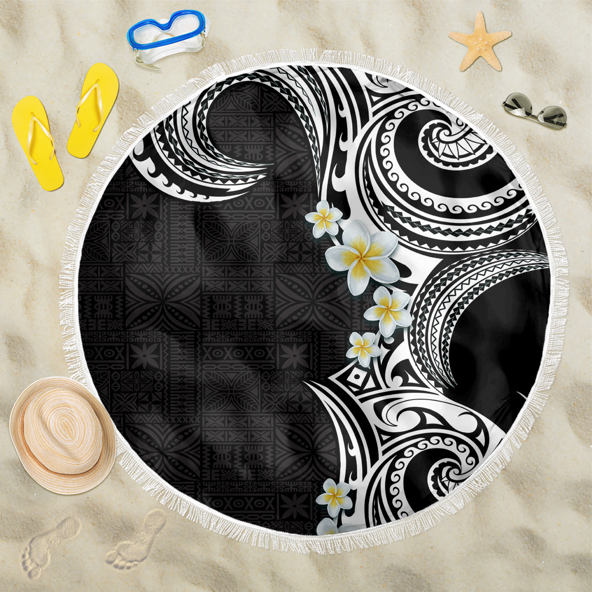 Aloha Polynesian Plumeria Flower Beach Blanket Black White Color