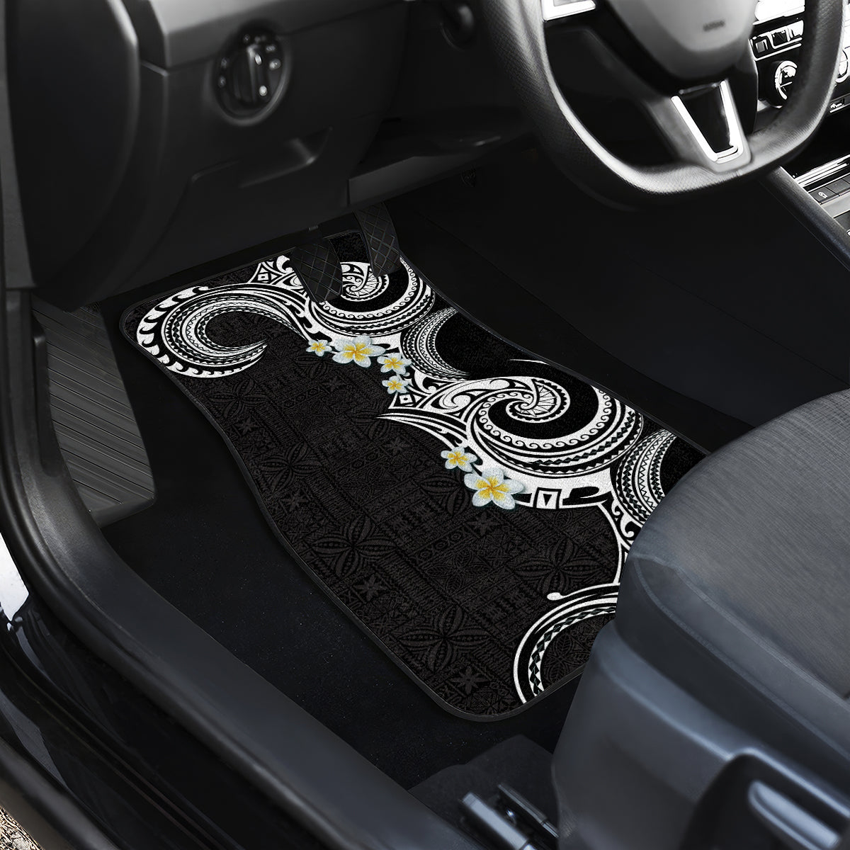Aloha Polynesian Plumeria Flower Car Mats Black White Color