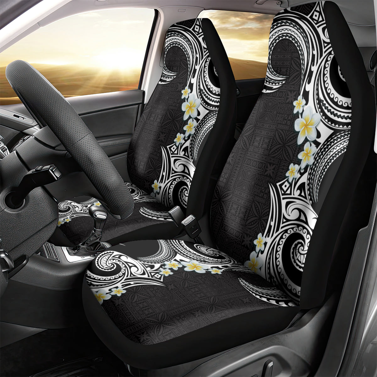 Aloha Polynesian Plumeria Flower Car Seat Cover Black White Color