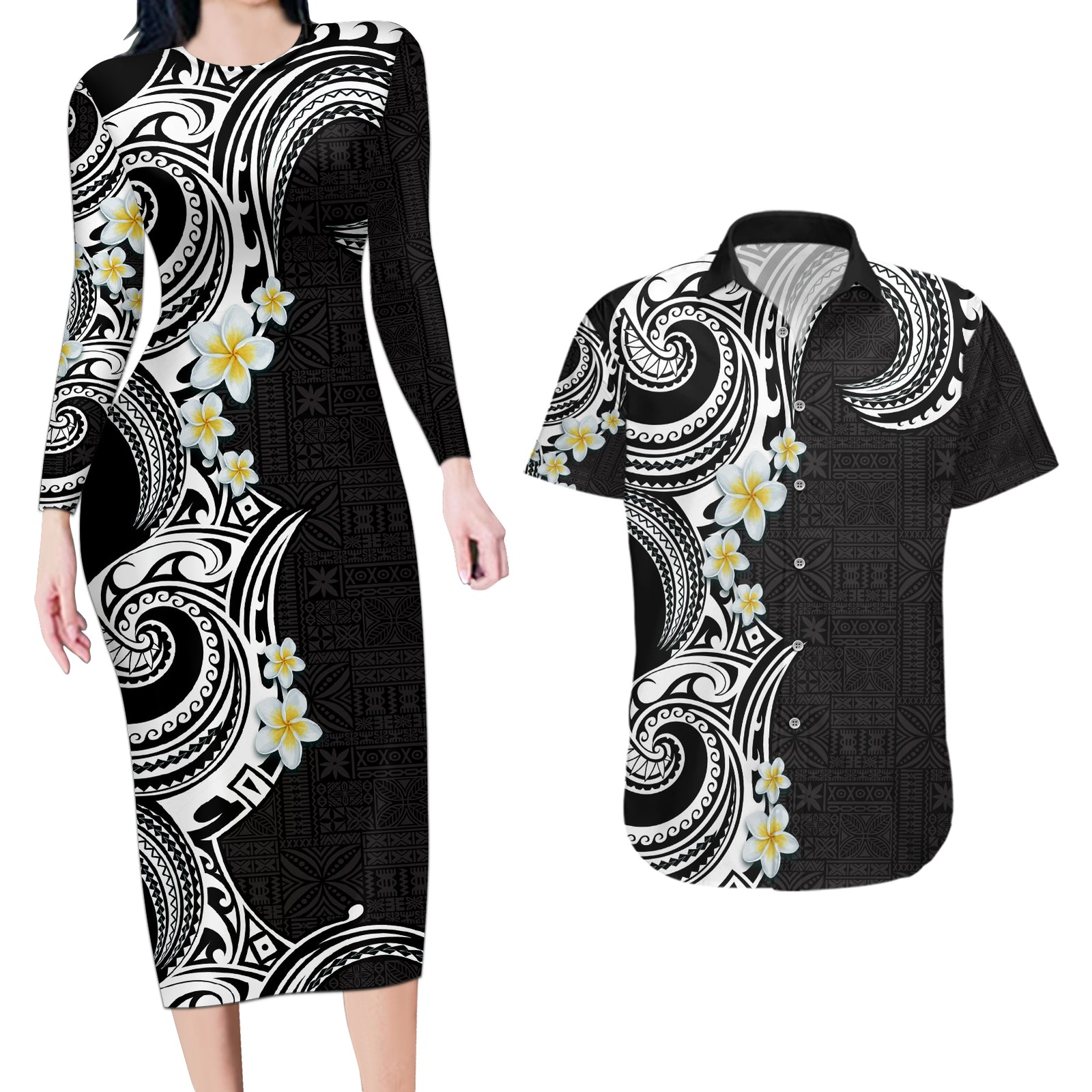Aloha Polynesian Plumeria Flower Couples Matching Long Sleeve Bodycon Dress and Hawaiian Shirt Black White Color LT03 Black - Polynesian Pride
