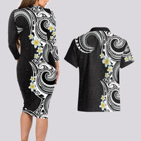 Aloha Polynesian Plumeria Flower Couples Matching Long Sleeve Bodycon Dress and Hawaiian Shirt Black White Color