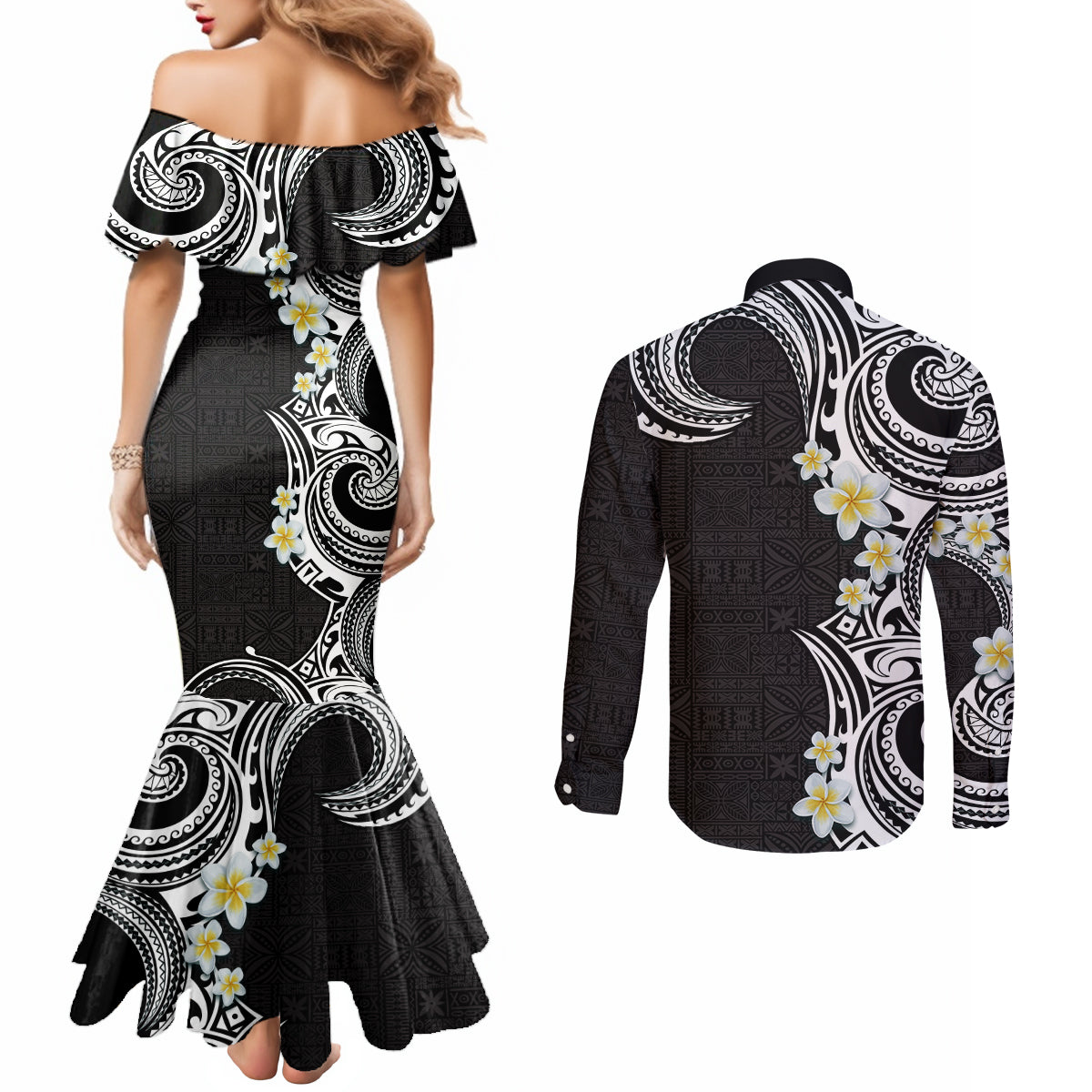 Aloha Polynesian Plumeria Flower Couples Matching Mermaid Dress and Long Sleeve Button Shirt Black White Color