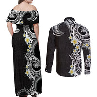 Aloha Polynesian Plumeria Flower Couples Matching Off Shoulder Maxi Dress and Long Sleeve Button Shirt Black White Color