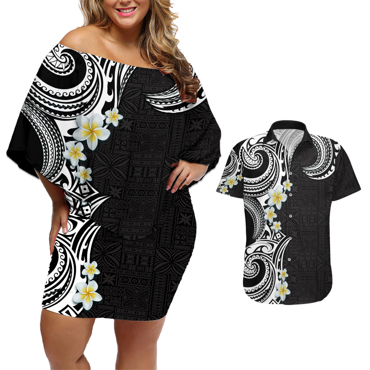 Aloha Polynesian Plumeria Flower Couples Matching Off Shoulder Short Dress and Hawaiian Shirt Black White Color