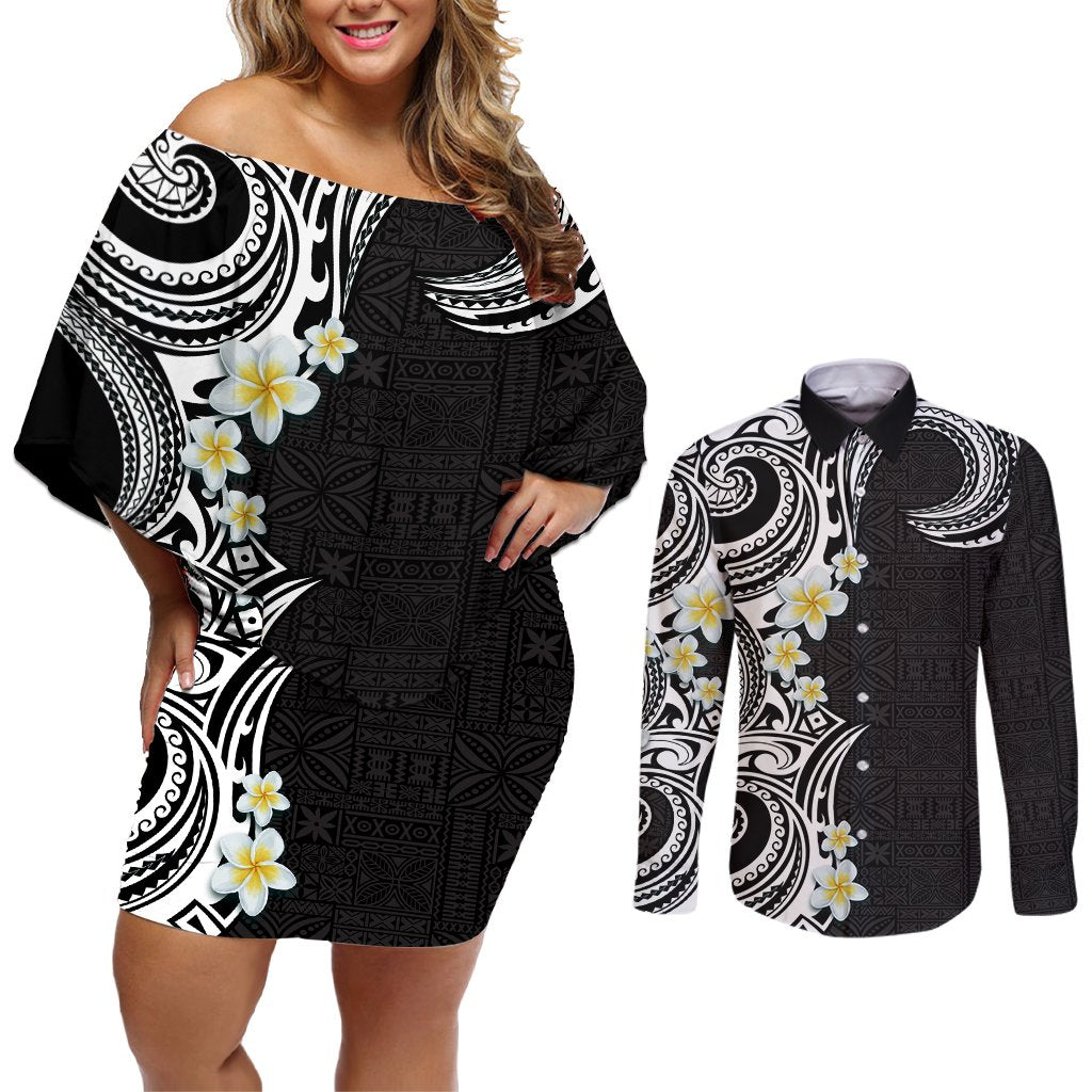 Aloha Polynesian Plumeria Flower Couples Matching Off Shoulder Short Dress and Long Sleeve Button Shirt Black White Color LT03 Black - Polynesian Pride