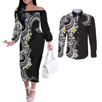 Aloha Polynesian Plumeria Flower Couples Matching Off The Shoulder Long Sleeve Dress and Long Sleeve Button Shirt Black White Color