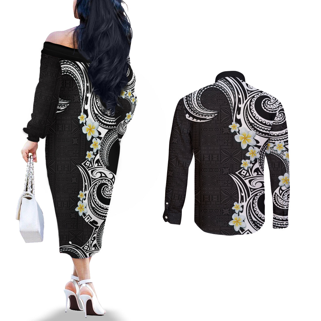Aloha Polynesian Plumeria Flower Couples Matching Off The Shoulder Long Sleeve Dress and Long Sleeve Button Shirt Black White Color