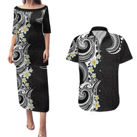 Aloha Polynesian Plumeria Flower Couples Matching Puletasi and Hawaiian Shirt Black White Color