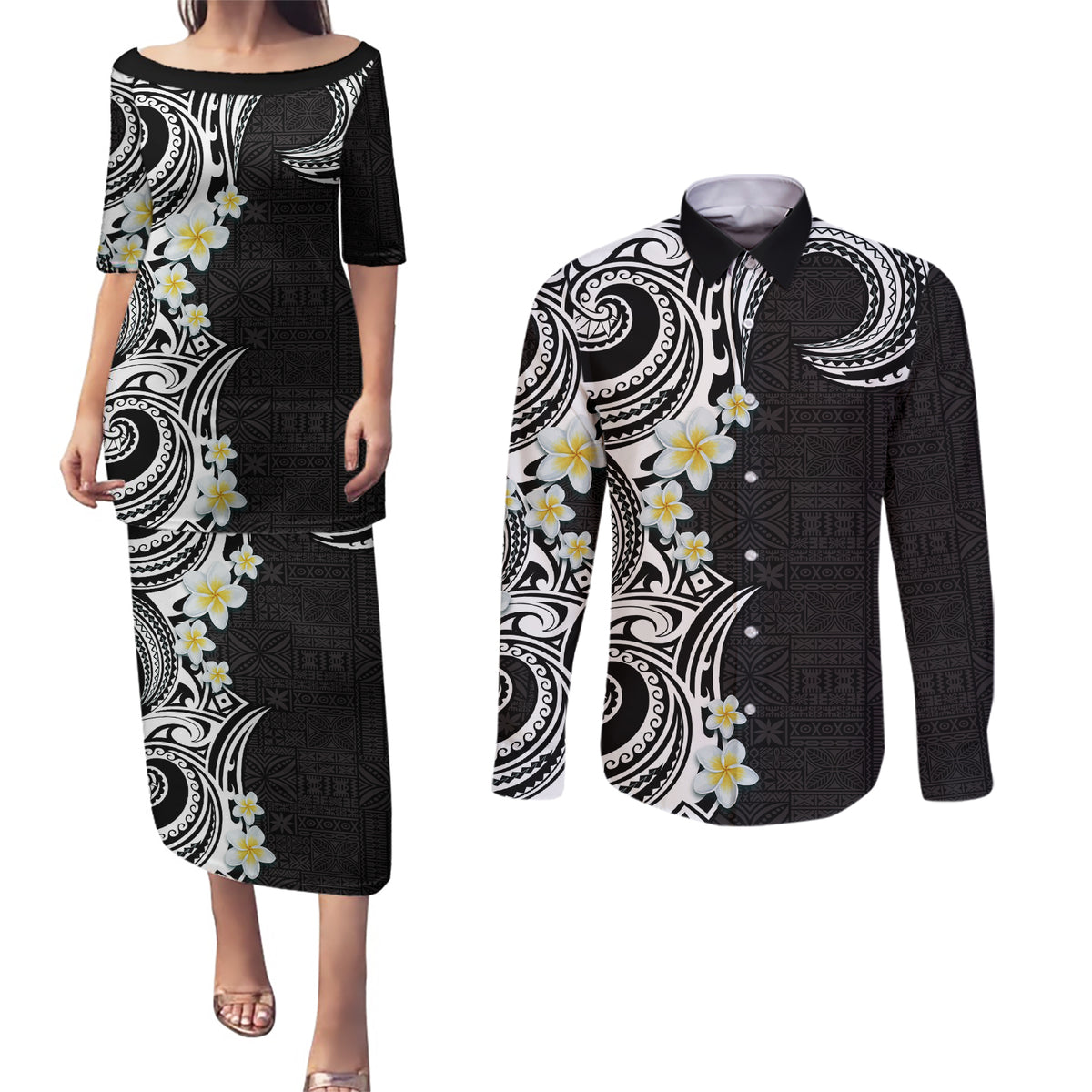 Aloha Polynesian Plumeria Flower Couples Matching Puletasi and Long Sleeve Button Shirt Black White Color