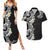 Aloha Polynesian Plumeria Flower Couples Matching Summer Maxi Dress and Hawaiian Shirt Black White Color