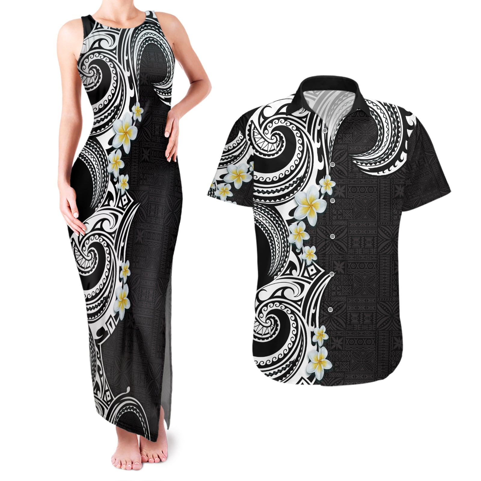 Aloha Polynesian Plumeria Flower Couples Matching Tank Maxi Dress and Hawaiian Shirt Black White Color LT03 Black - Polynesian Pride