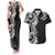 Aloha Polynesian Plumeria Flower Couples Matching Tank Maxi Dress and Hawaiian Shirt Black White Color