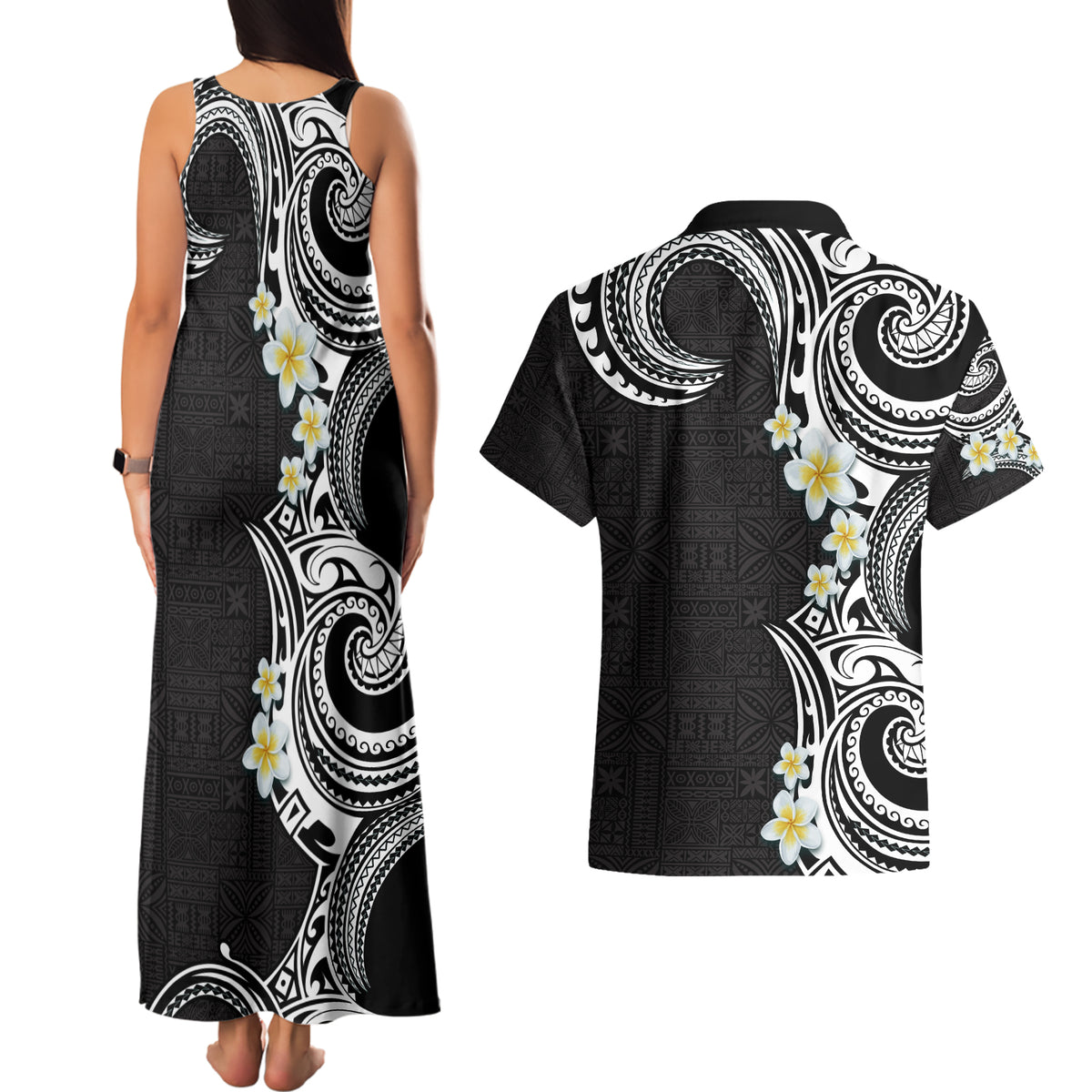 Aloha Polynesian Plumeria Flower Couples Matching Tank Maxi Dress and Hawaiian Shirt Black White Color LT03 - Polynesian Pride
