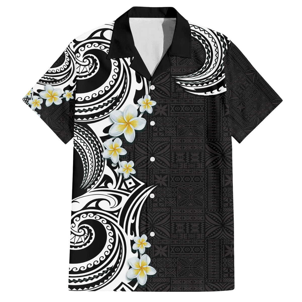 Aloha Polynesian Plumeria Flower Family Matching Long Sleeve Bodycon Dress and Hawaiian Shirt Black White Color LT03 Dad's Shirt - Short Sleeve Black - Polynesian Pride